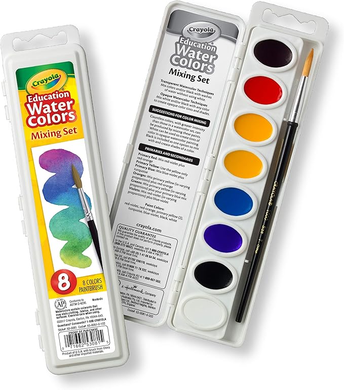 Crayola Watercolor Mixing Set with Taklon Paint Brush, 8 Paint Colors