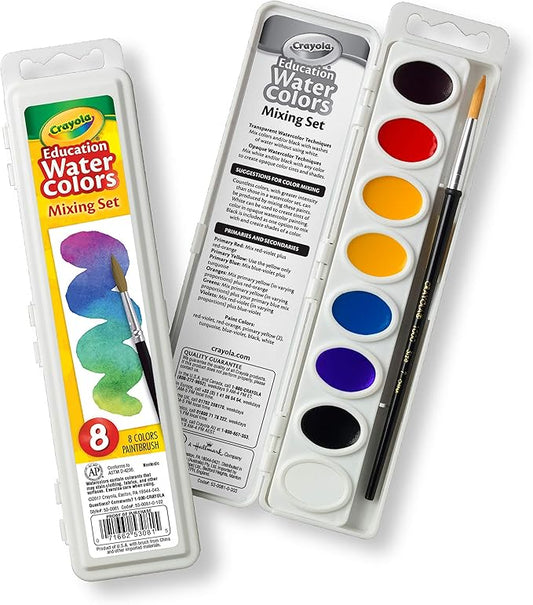 Crayola Watercolor Mixing Set with Taklon Paint Brush, 8 Paint Colors