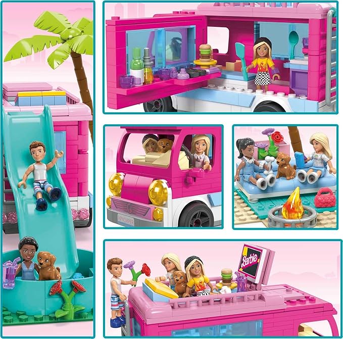 Mega Construx Barbie Kids Building Toy Set, Dream Camper Adventure with 580 Pieces, 4 Micro-Dolls, Barbie Pets and Accessories, Pink, Ages 6+ Years