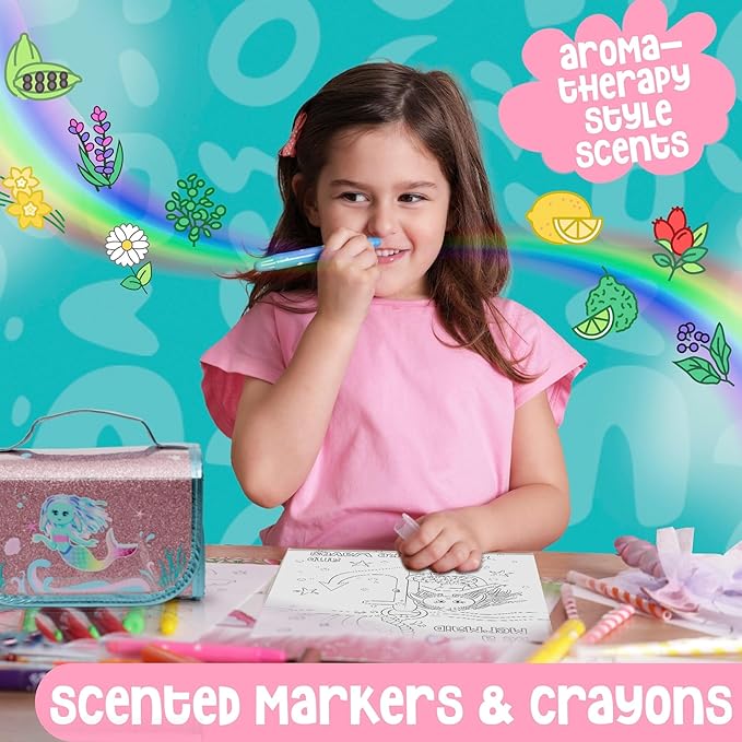 Scented Markers For Kids - Art Kits for Kids 6-9 - Mermaid Gifts For Girls - Coloring Kit Includes Smelly Markers, Dot Markers, Sparkly Mermaid Pencil Case - Mermaid Toys & Art Set For Girls Ages 8-12