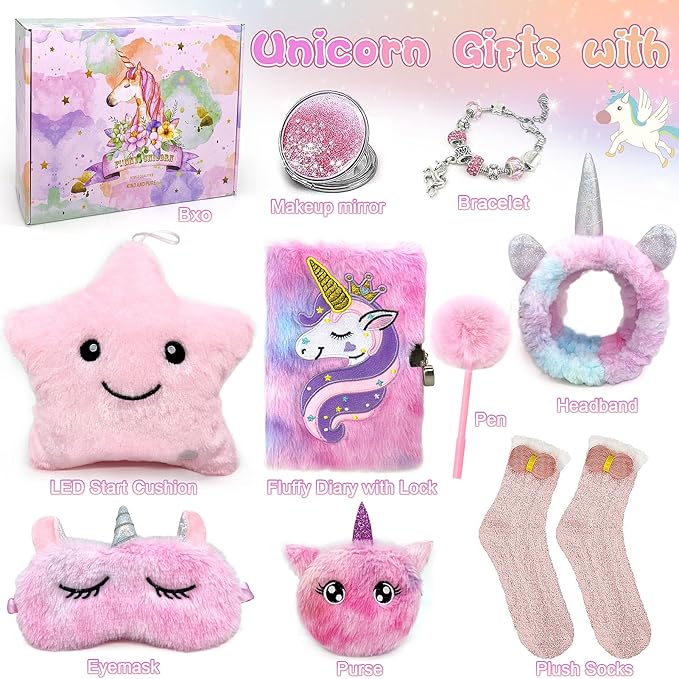 Unicorns Gifts for Girls Toys 6 7 8 9 10 Year Old Tie-Dye Playset Includes Star Stuffed Mirror Diary Eyemask Headband Purse Pen Bracelet and Sock