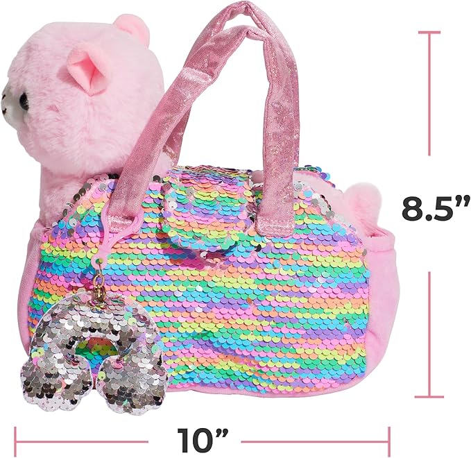 Little Jupiter Pet Plush Set with Purse w/Reversible Sequins & Charm - Stuffed Animal Toy for Kids Ages 4-7 - Stuffed Animal Purse - Stuffed Animals for Girls - (Pink Llama)