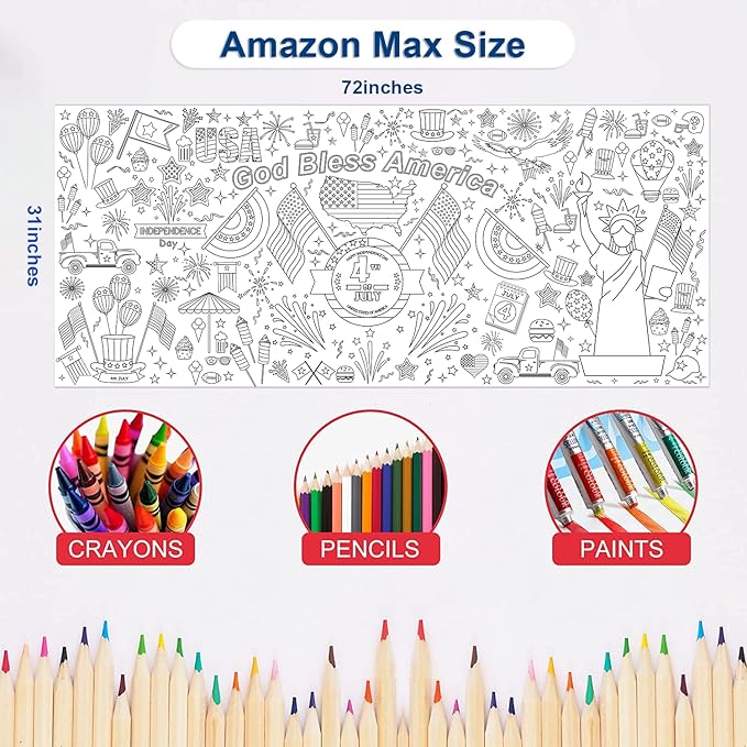 OHOME 4th of July Giant Coloring Poster/Tablecloth-4th of July Crafts for Kids - 30 x 72 Inches July 4th Games Activities Toys Decor Party Favors Decorations- Fourth of July Accessories
