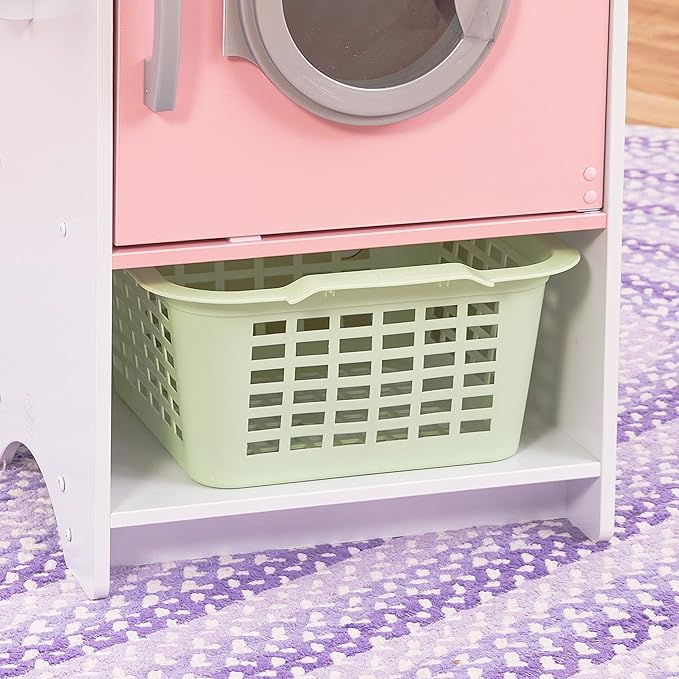 KidKraft Laundry Playset Children's Pretend Wooden Stacking Washer and Dryer Toy with Iron and Basket, Pastel, Gift for Ages 3+