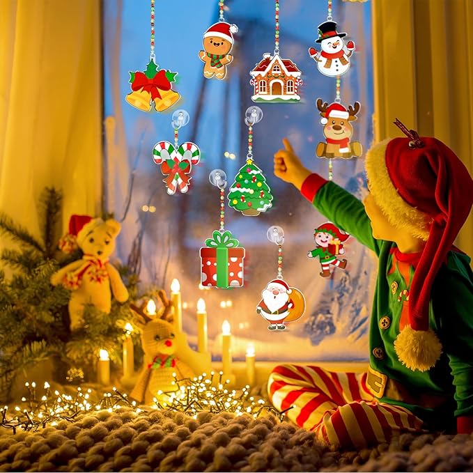 30 Set Christmas Craft Kit Suncatchers Kit Christmas Tree Santa Gingerbread DIY Suncatchers Craft Kit Make Your Own Suncatcher Paint Sun Catcher Ornaments for Xmas Art Craft Painting Activity