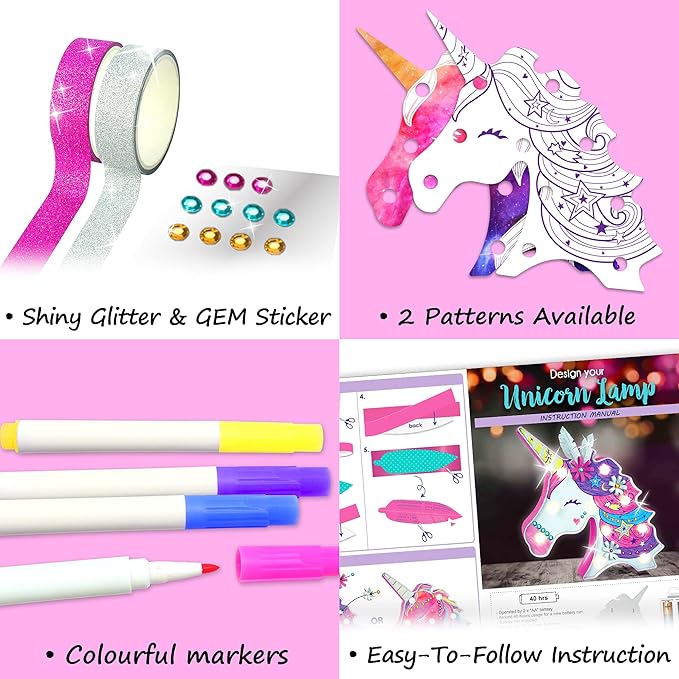 KRAFUN Easy DIY Unicorn LED Night Light Kids Lamp Kit for Girl Crafts – My First Beginner Arts and Crafts Gift, STEM STEAM Toys Painting Lamp with Marker for Age 5 6 7 8 9 10 11 12 Year Old