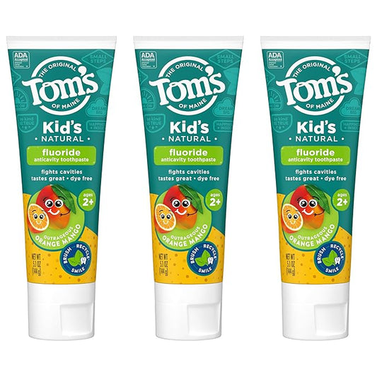 Tom's of Maine ADA Approved Fluoride Children's Toothpaste, Natural Toothpaste, Dye Free, No Artificial Preservatives, Outrageous Orange Mango, 5.1 oz. 3-Pack (Packaging May Vary)