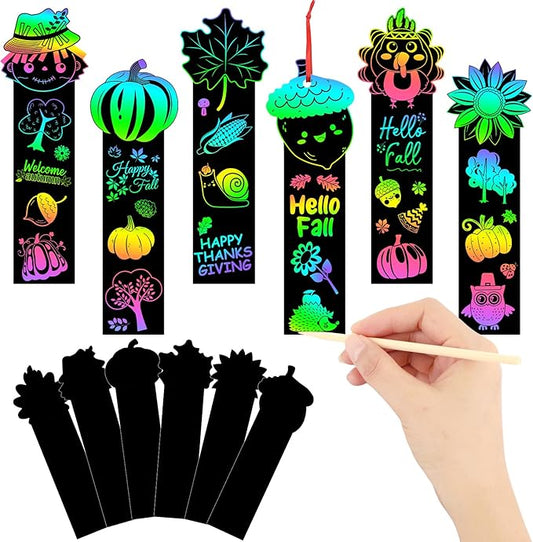 JUNEBRUSHS 30Pcs Fall Scratch Bookmarks, Rainbow Magic Scratch Paper Art Hello Fall Autumn Leaves Pumpkin Turkey DIY Crafts Kit for School Classroom Activity Thanksgiving Party Favor