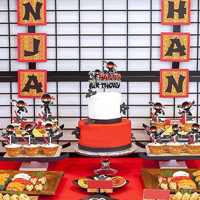 Samurai Ninja Cake Toppers 7-Piece Happy Birthday Decorations, Boy or Girl Ninja Themed Birthday Party, Martial Arts Karate Party or Baby Shower Party Decorations. SugarGera