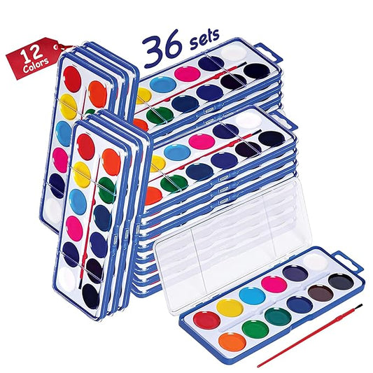 Pack of 36 Watercolor Paint Set - Watercolor Palette with 12 Washable Colors, Paintbrushes - Watercolors Paint Set Ideal for Preschool Classroom, Art School Supplies or Kids Party Favors
