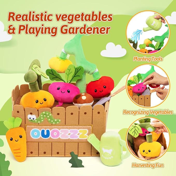 OUOZZZ Baby Garden Toys Set for 1 Year Old Boys and Girls Gifts, Sensory Box for Toddlers 1-3 Plush Fruit and Vegetables Carrot Toys - First Birthday Gifts