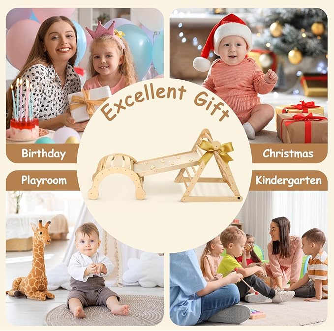Dripex Pikler Triangle Set, Sturdy Climbing Toys for Toddlers 1-3 Inside, Large Indoor Playground Jungle Gym Playset with Slide & Arch Rocker, Premium Early Learning Toddler Climbing Toys Indoor
