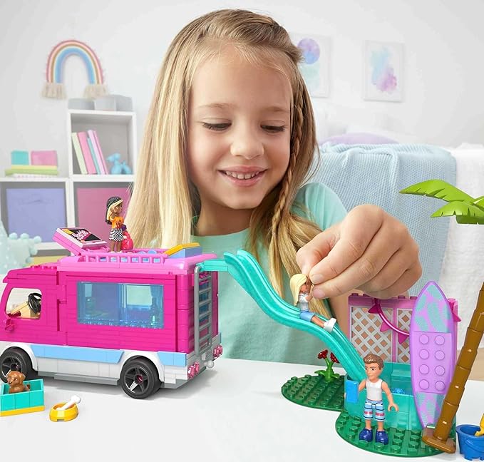 Mega Construx Barbie Kids Building Toy Set, Dream Camper Adventure with 580 Pieces, 4 Micro-Dolls, Barbie Pets and Accessories, Pink, Ages 6+ Years