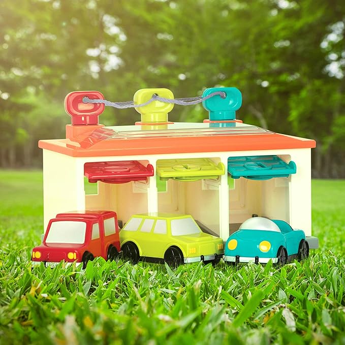 Battat – Car & Color Sorting Playset – Cause-And-Effect Toy – Push & Go Cars – Color-Coded Matching – 2 Years + – 3-Car Garage