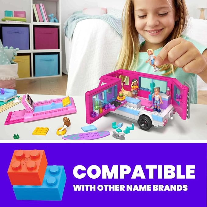 Mega Construx Barbie Kids Building Toy Set, Dream Camper Adventure with 580 Pieces, 4 Micro-Dolls, Barbie Pets and Accessories, Pink, Ages 6+ Years