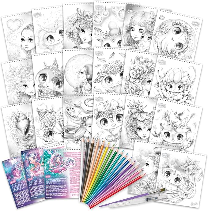 Nebulous Stars Watercoloring Book Set Featuring Estrelia – 20 Unique Illustrations, 15 Watercolor Pencils, Refillable Brush, and Artistic Tools for Kids Ages 7+