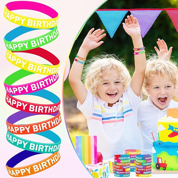 JUNEBRUSHS Birthday Rubber Bracelets, 24pcs Happy Birthday Silicone Bracelets Wristbands for Classroom Teachers Birthday Party Favors Reward Gifts Accessories（12 Designs）