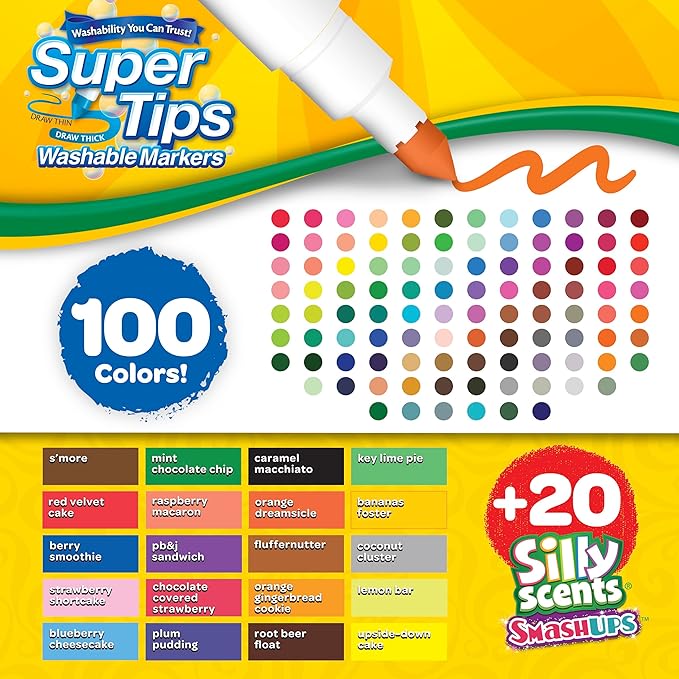 Crayola Super Tips Marker Set, 100 Washable Markers for Kids, 20 Scented Markers, Bulk Colored Markers for Coloring Books, Gift for Kids [Amazon Exclusive]