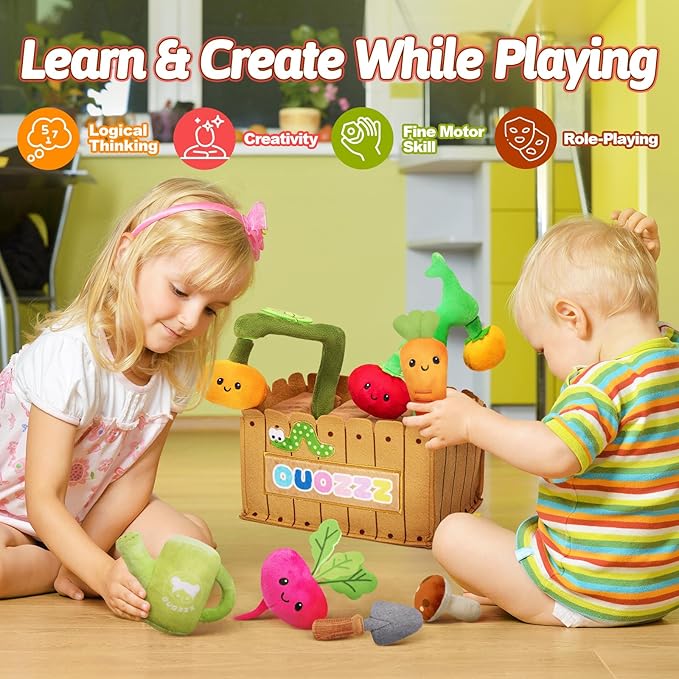 OUOZZZ Baby Garden Toys Set for 1 Year Old Boys and Girls Gifts, Sensory Box for Toddlers 1-3 Plush Fruit and Vegetables Carrot Toys - First Birthday Gifts