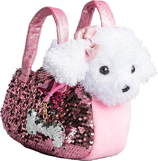 Little Jupiter Pet Plush Set with Purse w/ Reversible Sequins & Charm - Stuffed Animal Toy for Kids Ages 4 - 5 - 6 - 7 - Stuffed Animal Purse - Stuffed Animals for Girls - (White Labradoodle)
