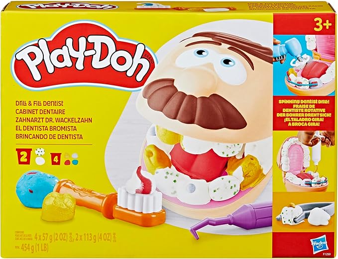 Play-Doh Drill 'n Fill Dentist Toy for Kids 3 Years and Up with Cavity and Metallic Colored Modeling Compound, 10 Tools, 8 Total Cans, 2 Ounces Each, Non-Toxic, Assorted Colors