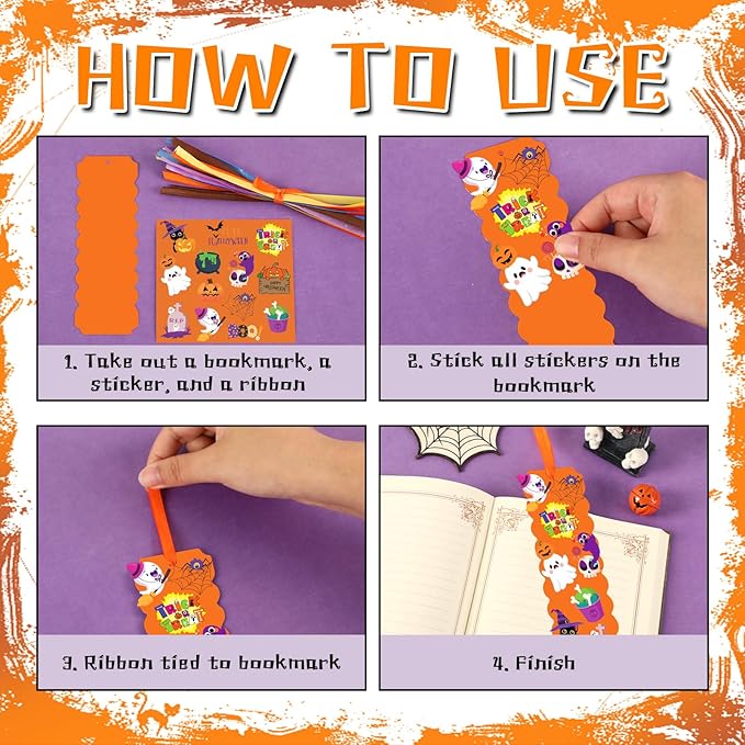 JUNEBRUSHS 30 Sets Halloween Crafts , DIY Halloween Bookmarks Craft Kits with Assorted Pumpkin Witch Ghost Bat Stickers Arts and Crafts Classroom Game Activities Halloween Party Favor