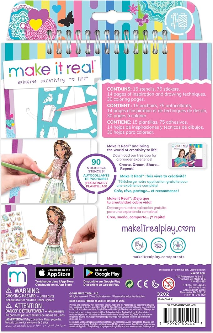 Make It Real Fashion Design Sketchbook Kit for Girls - Blooming Creativity Set with Stencils, Puffy Stickers, Design Guide - Unleash Fashion Talent, Develop Skills, for Kids Ages 6