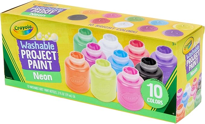 Crayola Washable Kids Paint, 10 Neon Paint Colors, 2 Oz Bottles, Gift