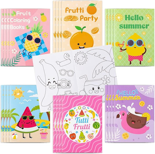 MALLMALL6 24Pcs Fruit Coloring Books with Watermelon Pineapple Lemon Banana Orange Coconut Tropical Frutti Art Patterns Summer Themed School Party Supplies Home Game Activity for Kids Girl Boy Age 4-8