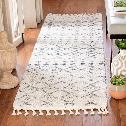 SAFAVIEH Berber Fringe Shag Collection 2'2" x 18' Cream / Dark Grey BFG516A Moroccan Non-Shedding Living Room Bedroom Dining Room Entryway Plush 1.2-inch Thick Runner Rug