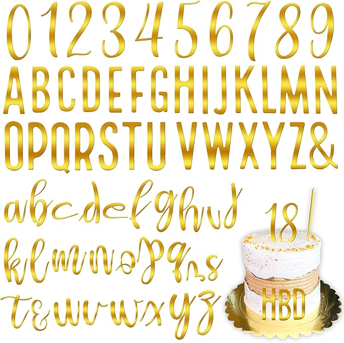 DRWATE Cake Topper Acrylic Number & Letter Picks with Mirrored Gold Finish, 62 Pcs Set for Wedding, Birthday, Party Decorations