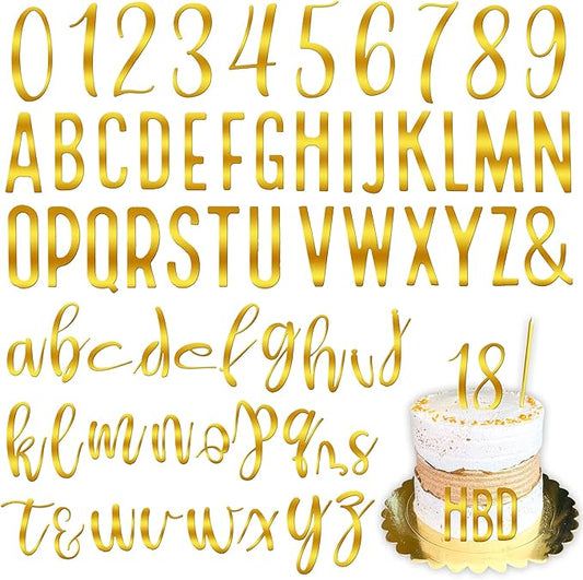 DRWATE Cake Topper Acrylic Number & Letter Picks with Mirrored Gold Finish, 62 Pcs Set for Wedding, Birthday, Party Decorations