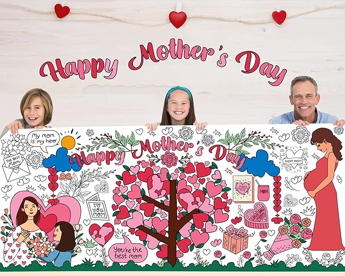 OHOME Mothers Day Giant Coloring Poster/Tablecloth - 30 x 72 Inches - Mothers Day Crafts for Kids Classroom - Happy Mothers Day Decorations from Daughter Son - Gifts from Kids