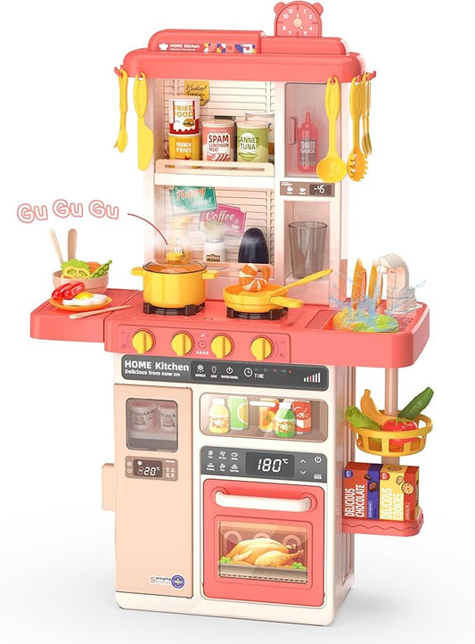 Kids Kitchen Play Set，Interactive Kids Kitchen Play Set with 50Pcs of Pretend Kitchen Toys，Realistic Sound Effects，and Simulated Functionality - Suitable for Toddlers Aged 2-12 Years(Pink)
