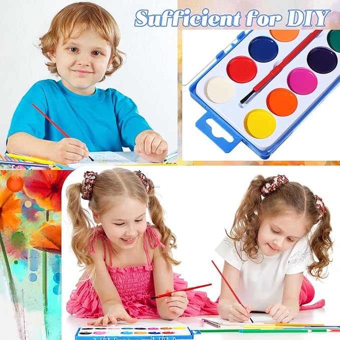 Jexine 48 Pieces Watercolor Paint Sets for Valentine's Day Gifts 16 Washable Water Color Paints Washable Bulk with Paintbrushes for Valentine School Classroom Birthday Gift Art Party Favors