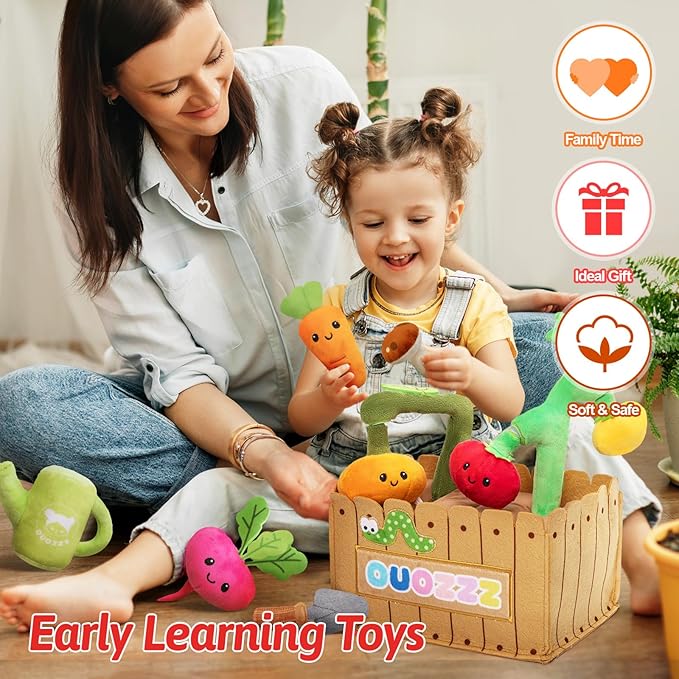 OUOZZZ Baby Garden Toys Set for 1 Year Old Boys and Girls Gifts, Sensory Box for Toddlers 1-3 Plush Fruit and Vegetables Carrot Toys - First Birthday Gifts
