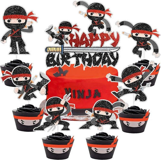 Samurai Ninja Cake Toppers 7-Piece Happy Birthday Decorations, Boy or Girl Ninja Themed Birthday Party, Martial Arts Karate Party or Baby Shower Party Decorations. SugarGera