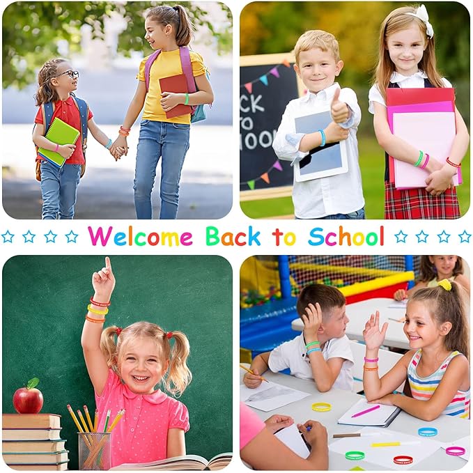 JUNEBRUSHS 42pcs Back to School Party Favors Silicone Bracelets First Day of School Gifts Prize Rubber Wristbands Supplies for School Decorations Accessories Goodie Stuffers Fillers(6 Designs)