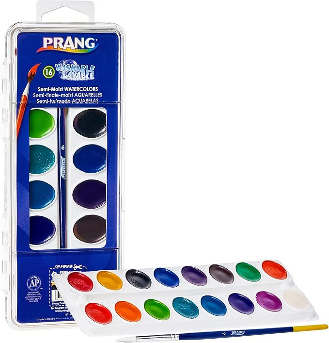 Prang Washable Semi-Moist 16 Classic Colors with 1 brush with shaped pans provide 41% more paint