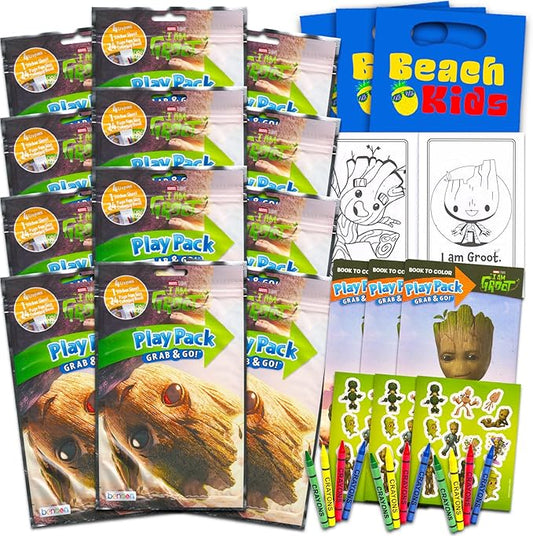 Marvel I am Groot Party Favors And Supplies ~ Bundle with 12 Groot Play Packs for Boys and Girls with Mini Coloring Book, Stickers, Loot Bags, More (Guardians of the Galaxy Art Book)