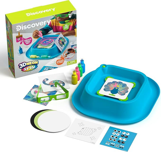 Discovery™ 3D Neon Spin Motorized Art Station – Includes Spin Art Machine, 3D Glasses, Neon Paints, Templates, Paper| Arts and Crafts for Kids| Art Supplies Painting Set Activity Kit for Boys & Girls