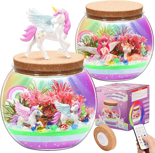 2 Theme in 1 Jar Light Up Unicorn Terrarium Kit & Night Light Fairy Terrarium Kit Creativity DIY Aarts Crafts for Girls Toys Ages 4 5 6 7 8 Year Old Girl Birthday Gifts