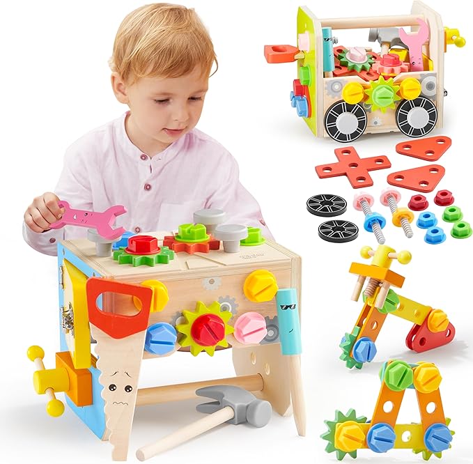 SYNCFUN Kids Tool Set, 51 PCS Wooden Educational Tools for Boys and Girls, Montessori Toys for 3 4 5 6 Year Old, Learning and Construction Toys for Toddlers, Christmas Birthday Gift