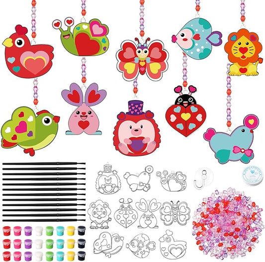 30 Set Valentine's Day Craft Kit Pink Heart DIY Craft Make Your Own Painting Suncatcher Ornaments for Valentine Art Painting Activity
