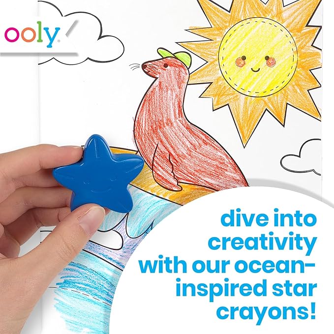 Ooly Stars of the Sea Star Shaped Chunky Crayons for Toddlers and Little Hands Set of 6, Non-Toxic Star Shaped Easy to Hold Crayons for Young Kids, No Rolling Crayon