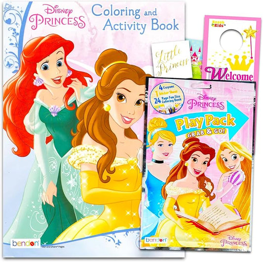 Disney Princess Coloring Book Set - Bundle of Ariel and Belle Coloring Activity Pack with Crayons | Rapunzel, Cinderella, Tiana Art Drawing Kit