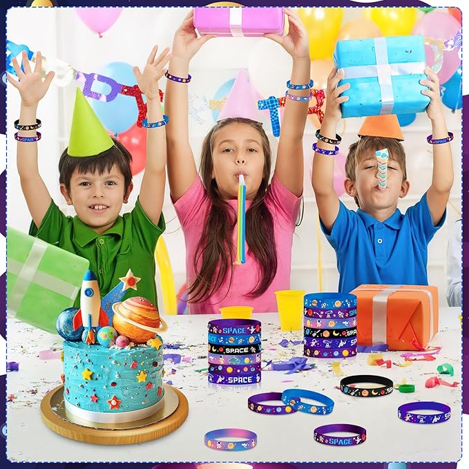 JUNEBRUSHS 42pcs Outer Space Party Favors Silicone Bracelets Galaxy Astronaut Stars Space Rubber Wristbands Accessories for Students Space Themed Birthday Party Favors Decorations Supplies(6 Designs)