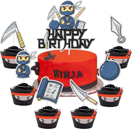 Samurai Ninja Cake Toppers, 7 Pcs Set Kids Happy Birthday Dart Decorations, Ninja Themed Birthday Party for Boys or Girls, Ninja Martial Arts Karate Party, or Baby Shower Party Decorations. SugarGera