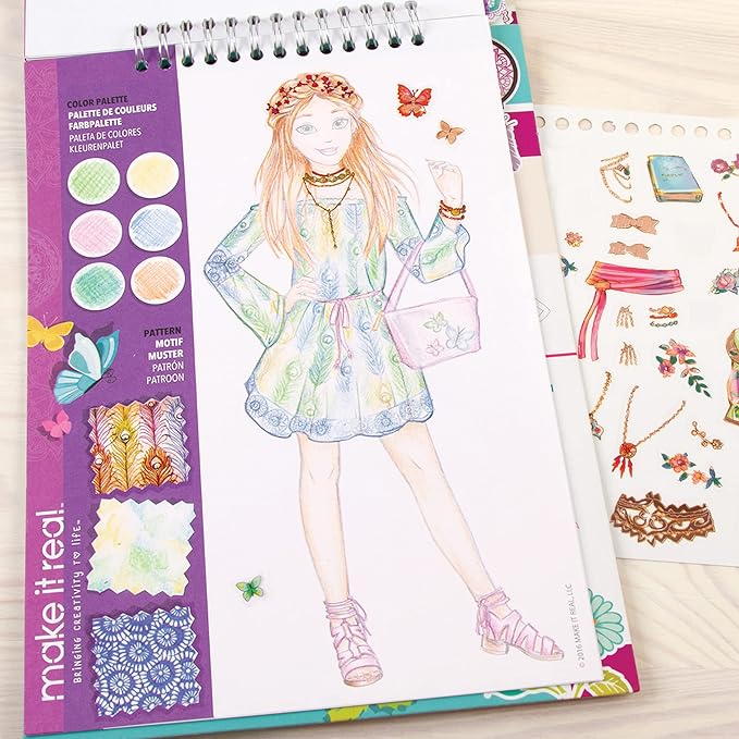 Make It Real Fashion Design Sketchbook Kit for Girls - Blooming Creativity Set with Stencils, Puffy Stickers, Design Guide - Unleash Fashion Talent, Develop Skills, for Kids Ages 6