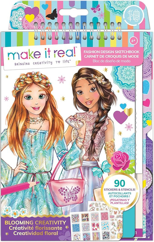 Make It Real Fashion Design Sketchbook Kit for Girls - Blooming Creativity Set with Stencils, Puffy Stickers, Design Guide - Unleash Fashion Talent, Develop Skills, for Kids Ages 6